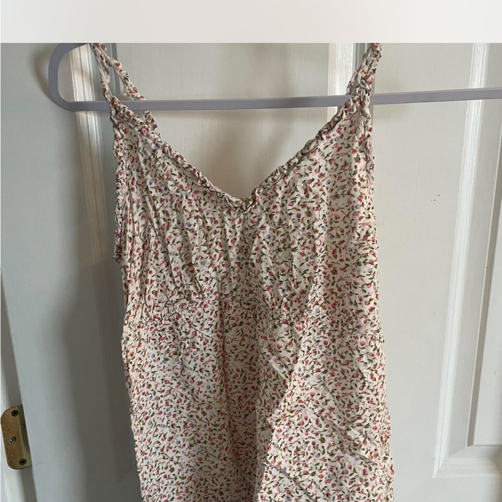 Floral Spaghetti Strap Summer Tank - Cream with Pink/Green Print